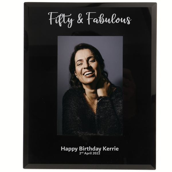 Personalised 50th Birthday Gift Fifty And Fabulous Photo Frame 6x4'' or 7x5'' Black Glass
